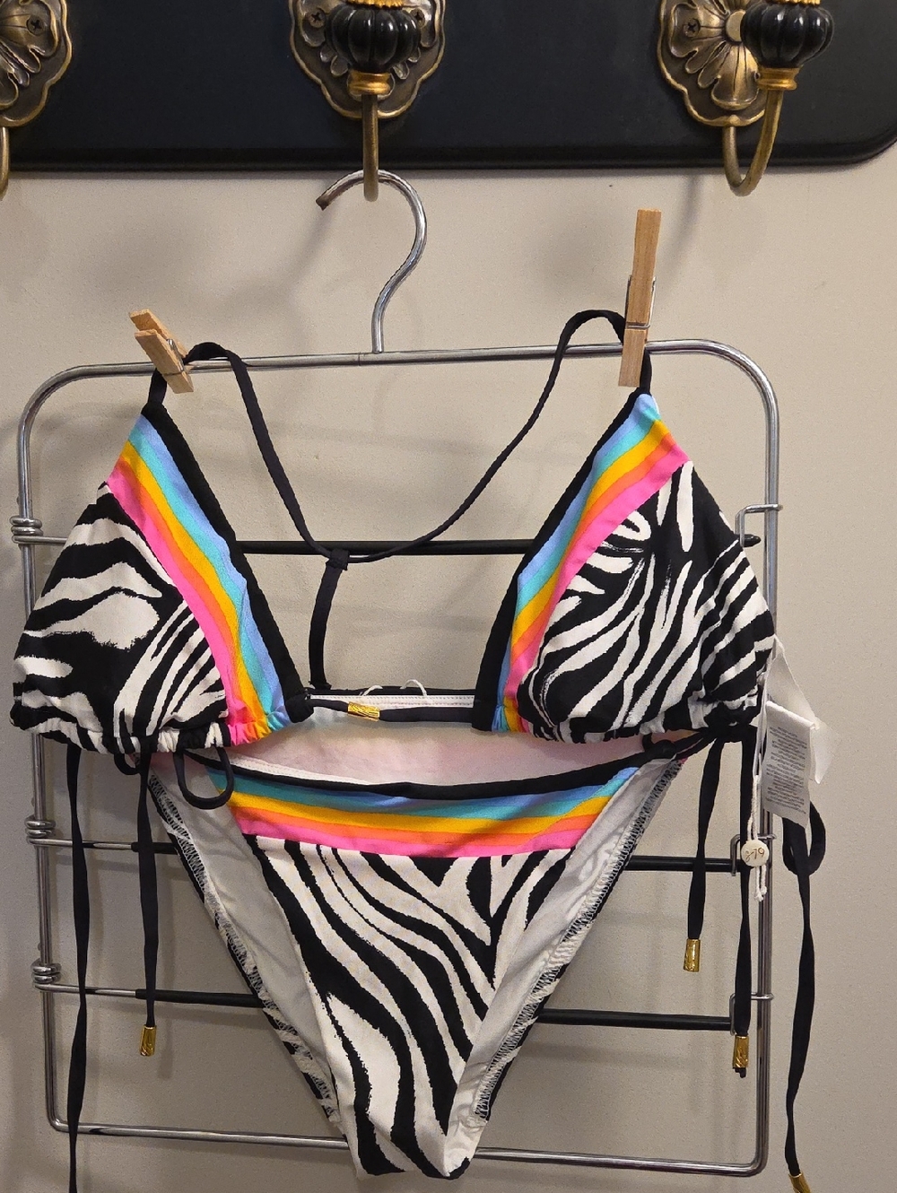 Zebra Print Triangle Bikini with Rainbow Trim